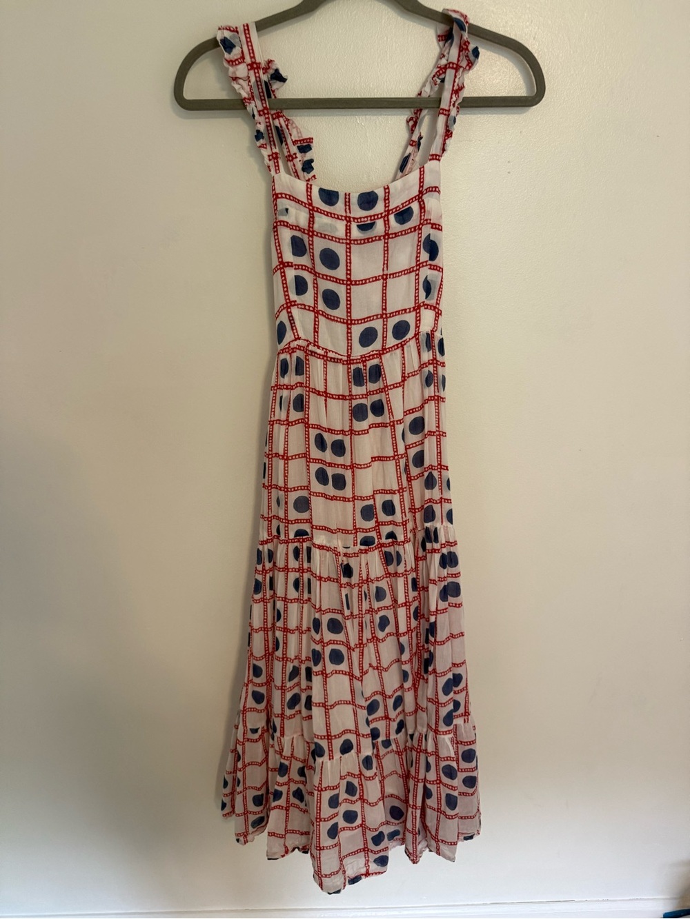 Oliphant Dress Crossed Back Midi Ruffle Strap in Domino Red White Blue Print - Picture 3 of 6